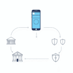 Ilustrație digitală a unui proces de plată, cu icoane reprezentând un card de credit, un smartphone, bănci, scuturi și săgeți care conectează plăti...
