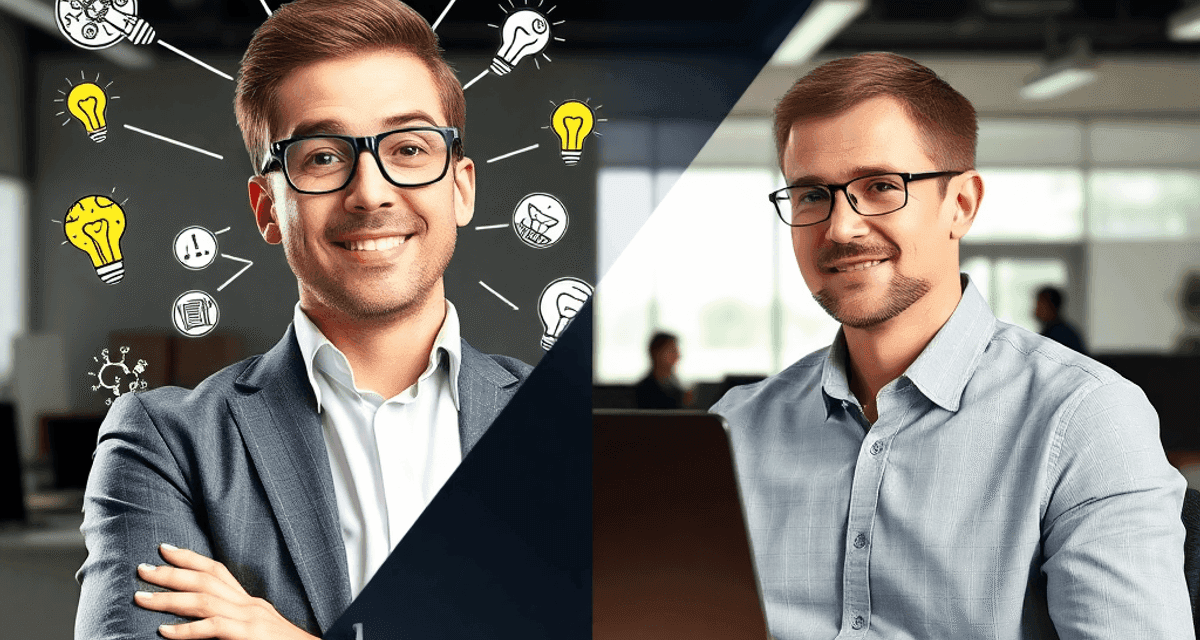 Imagine împărțită în două: un antreprenor care își notează idei sub becuri aprinse, ilustrând creativitatea, iar un manager care organizează sarcin...