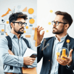 Imagine împărțită: în prima parte, un antreprenor construiește o afacere folosind unelte și grafice, iar în cealaltă parte, un investitor analizeaz...