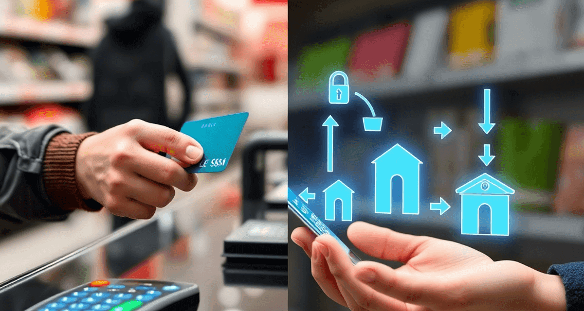 Imagine împărțită pe ecran: o persoană folosește un card contactless la casă și interfața unui transfer bancar digital, cu pictograme de bănci și s...