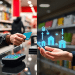 Imagine împărțită pe ecran: o persoană folosește un card contactless la casă și interfața unui transfer bancar digital, cu pictograme de bănci și s...