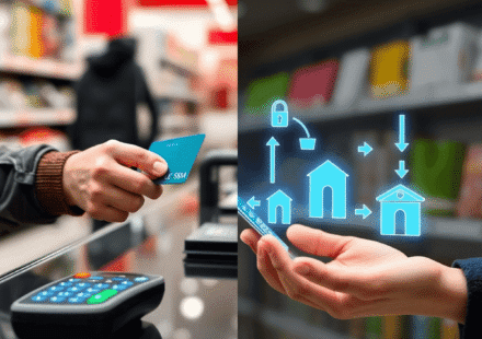 Imagine împărțită pe ecran: o persoană folosește un card contactless la casă și interfața unui transfer bancar digital, cu pictograme de bănci și s...
