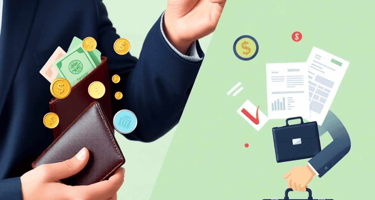 Imagine împărțită pe ecran: pe o parte, administrarea finanțelor personale ilustrată cu un portofel și monede; pe cealaltă parte, gestionarea finan...