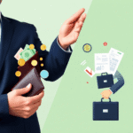 Imagine împărțită pe ecran: pe o parte, administrarea finanțelor personale ilustrată cu un portofel și monede; pe cealaltă parte, gestionarea finan...