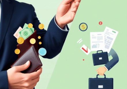 Imagine împărțită pe ecran: pe o parte, administrarea finanțelor personale ilustrată cu un portofel și monede; pe cealaltă parte, gestionarea finan...
