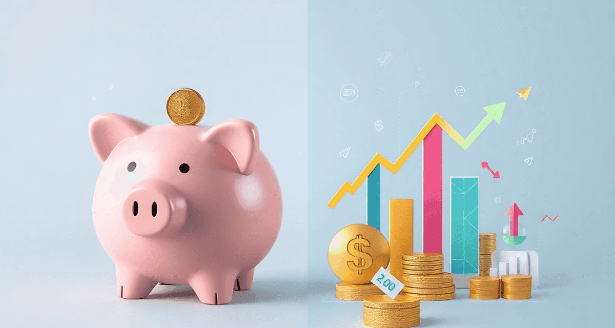 Cum diferă un portofoliu de investiții de un cont de economii Imagine împărțită: pe o parte, o pușculiță cu monede și lumină difuză; pe cealaltă parte, grafice colorate, săgeți și icoane care reprezintă un por...