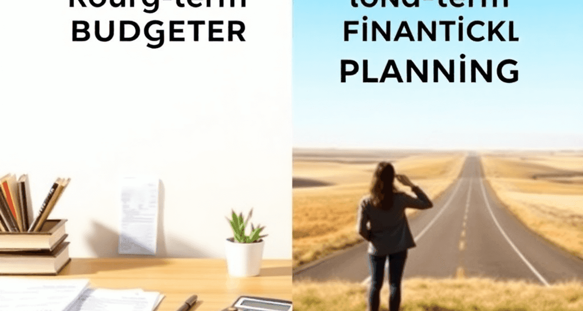 Imagine împărțită: pe o parte, un birou cu facturi și un calculator folosit pentru bugetare, iar pe cealaltă parte, o persoană privind spre orizont...