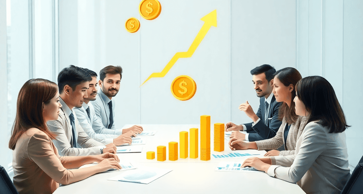 Întâlnire de afaceri cu grafice, diagrame și monede aurii plutitoare, precum și săgeți care simbolizează creșterea financiară, într-un birou modern.