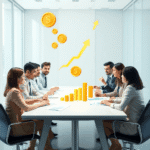 Întâlnire de afaceri cu grafice, diagrame și monede aurii plutitoare, precum și săgeți care simbolizează creșterea financiară, într-un birou modern.