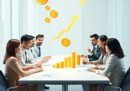 Întâlnire de afaceri cu grafice, diagrame și monede aurii plutitoare, precum și săgeți care simbolizează creșterea financiară, într-un birou modern.