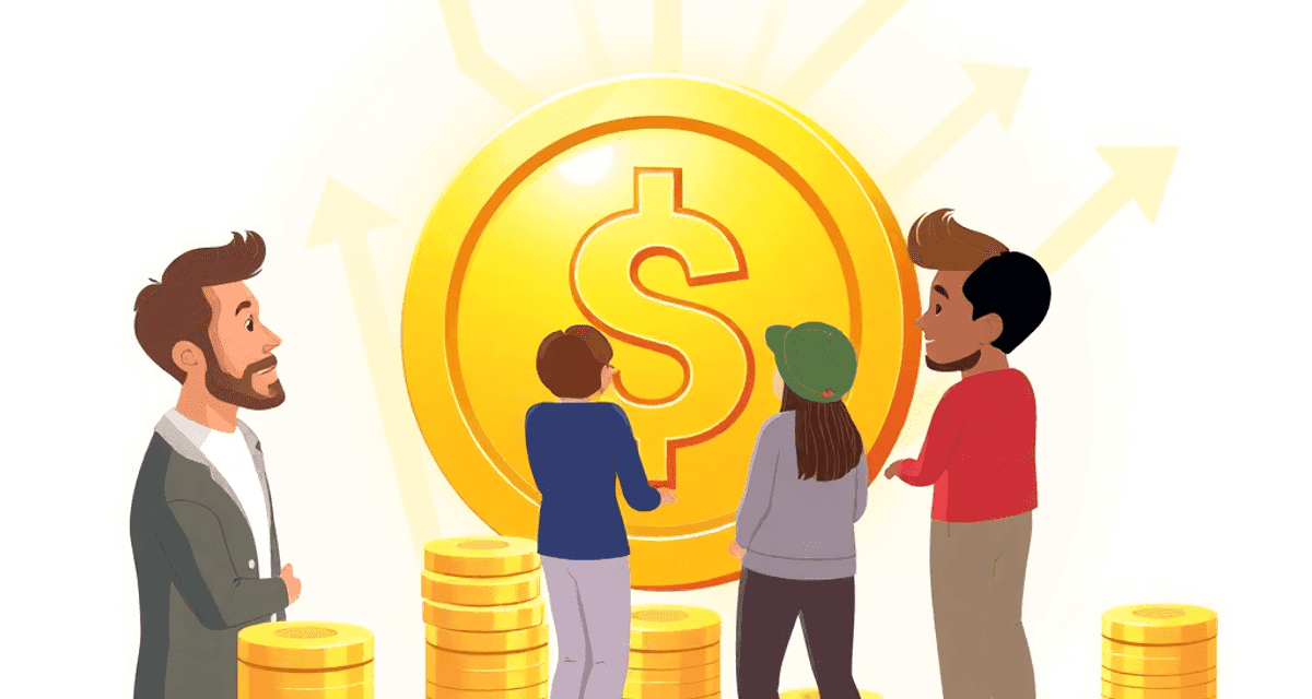 Investitorii s-au adunat în jurul unei monede aurii strălucitoare, înconjurată de săgeți orientate în sus și grămezi de monede ce simbolizează creș...