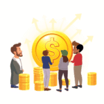 Investitorii s-au adunat în jurul unei monede aurii strălucitoare, înconjurată de săgeți orientate în sus și grămezi de monede ce simbolizează creș...