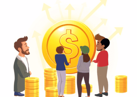 Investitorii s-au adunat în jurul unei monede aurii strălucitoare, înconjurată de săgeți orientate în sus și grămezi de monede ce simbolizează creș...