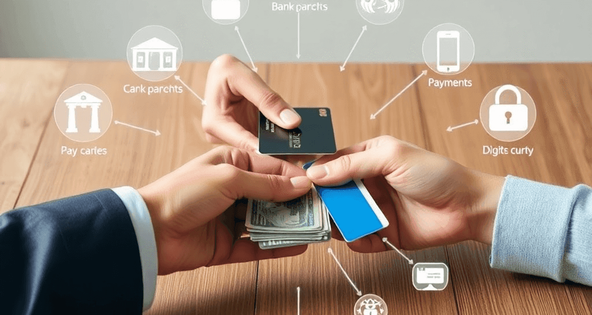 Principalele tipuri de plăți explicate simplu Mâini care schimbă bani cash și carduri de credit peste o masă din lemn, cu pictograme ale metodelor de plată și siguranței digitale pe un fundal n...