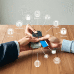 Mâini care schimbă bani cash și carduri de credit peste o masă din lemn, cu pictograme ale metodelor de plată și siguranței digitale pe un fundal n...