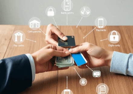 Mâini care schimbă bani cash și carduri de credit peste o masă din lemn, cu pictograme ale metodelor de plată și siguranței digitale pe un fundal n...