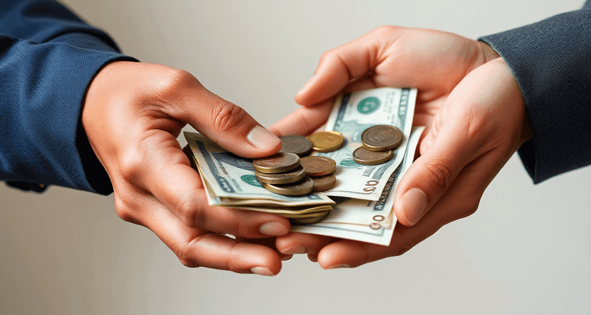 Ce este o plată în numerar Mâini care schimbă bani, cu bancnote și monede vizibile pe un fundal neutru, evidențiind tranzacții financiare simple și concrete.