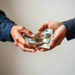 Mâini care schimbă bani, cu bancnote și monede vizibile pe un fundal neutru, evidențiind tranzacții financiare simple și concrete.