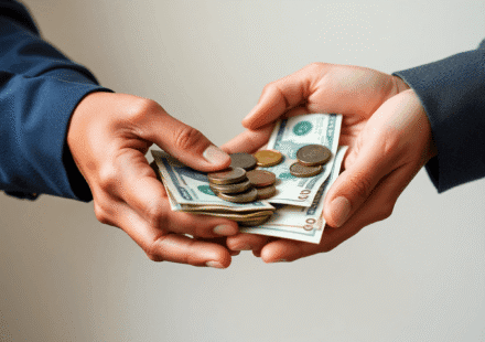 Mâini care schimbă bani, cu bancnote și monede vizibile pe un fundal neutru, evidențiind tranzacții financiare simple și concrete.