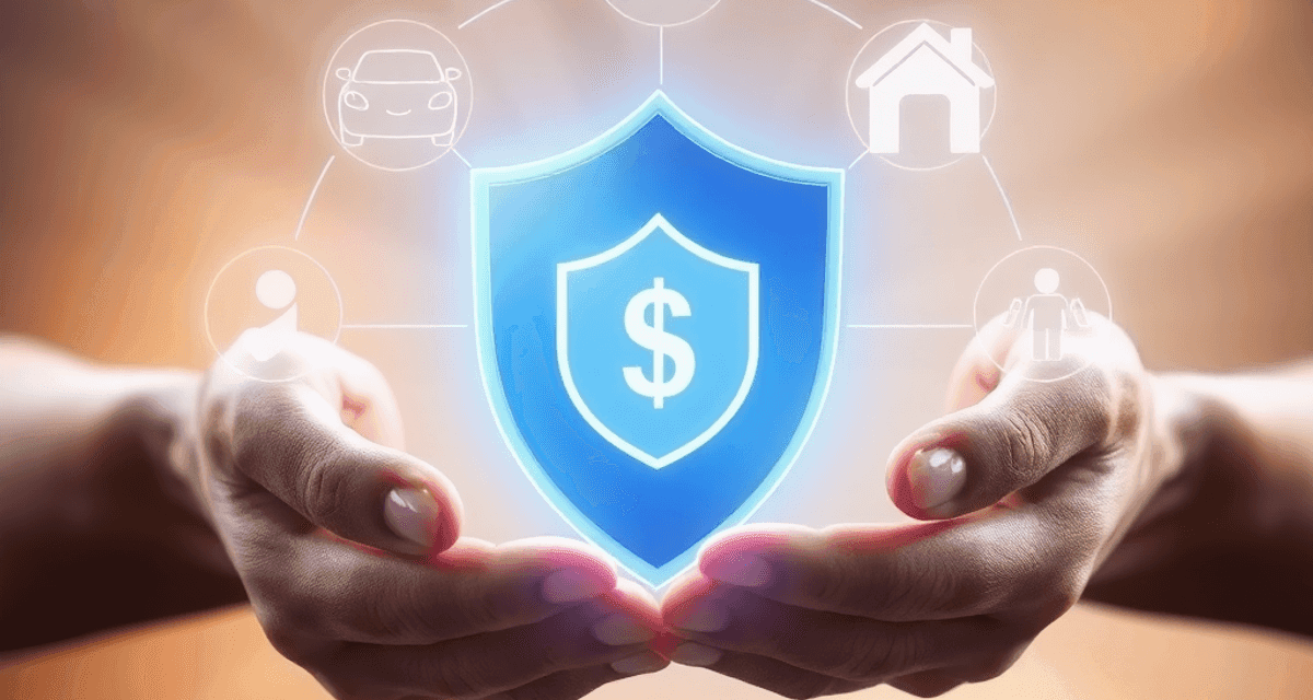 Mâini care țin cu grijă un scut strălucitor, înconjurat de icoane reprezentând sănătatea, mașina, locuința și viața, pe un fundal cald, luminat dis...