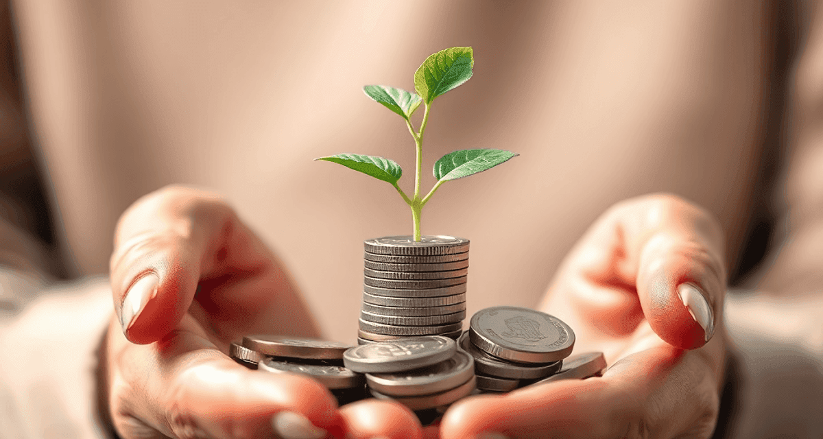 Cum funcționează dobânda la un împrumut Mâini ținând monede din care răsare o plantă mică, simbolizând creșterea financiară, pe fundal estompat cu forme abstracte ce sugerează fluxul bani...