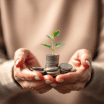 Mâini ținând monede din care răsare o plantă mică, simbolizând creșterea financiară, pe fundal estompat cu forme abstracte ce sugerează fluxul bani...