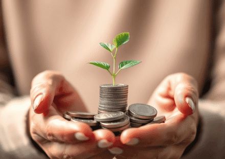 Mâini ținând monede din care răsare o plantă mică, simbolizând creșterea financiară, pe fundal estompat cu forme abstracte ce sugerează fluxul bani...
