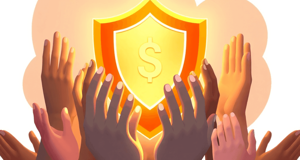 Mâini unite în jurul unui scut luminos, simbol al siguranței sociale și securității financiare, pe un fundal delicat cu forme abstracte ce sugereaz...