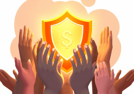 Mâini unite în jurul unui scut luminos, simbol al siguranței sociale și securității financiare, pe un fundal delicat cu forme abstracte ce sugereaz...