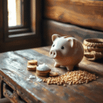 Masă rustică din lemn, cu o pușculiță, monede de aur, boabe de cereale și cristale de sare scăldate într-o lumină naturală blândă, simbolizând econ...
