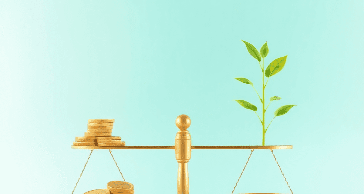 O balanță echilibrată, cu monede de aur pe o parte și o plantă verde în creștere pe cealaltă, simbolizând stabilitatea financiară, pe un fundal cu ...