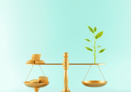 O balanță echilibrată, cu monede de aur pe o parte și o plantă verde în creștere pe cealaltă, simbolizând stabilitatea financiară, pe un fundal cu ...