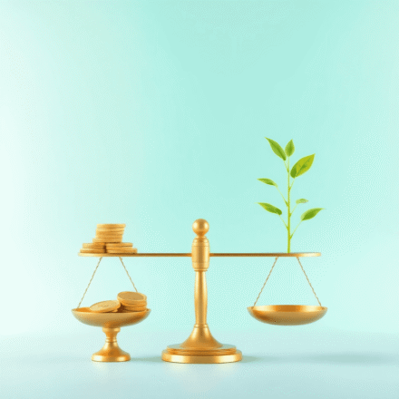 O balanță echilibrată, cu monede de aur pe o parte și o plantă verde în creștere pe cealaltă, simbolizând stabilitatea financiară, pe un fundal cu ...