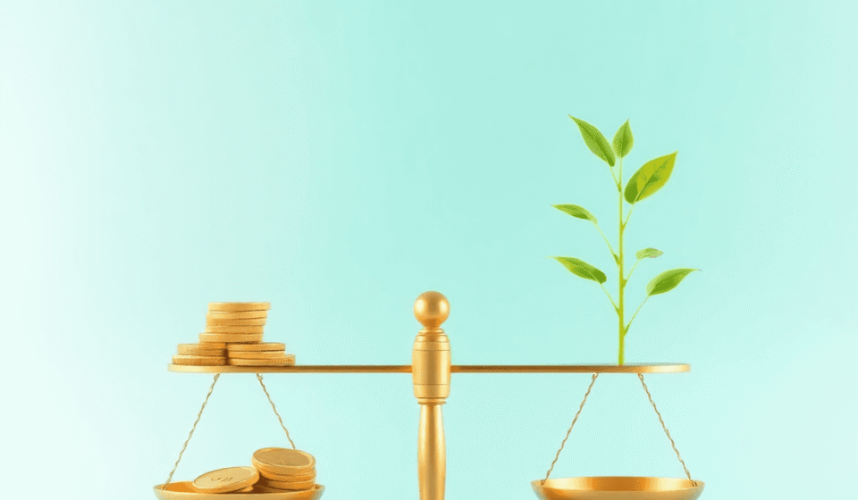 O balanță echilibrată, cu monede de aur pe o parte și o plantă verde în creștere pe cealaltă, simbolizând stabilitatea financiară, pe un fundal cu ...