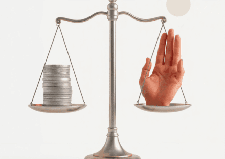 O balanță echilibrată, cu monede pe o parte și o mână care oferă ajutor pe cealaltă, pe un fundal delicat cu forme abstracte ce simbolizează stabil...