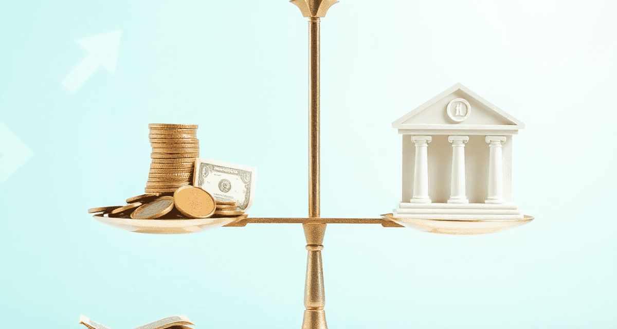 O balanță echilibrată, cu monede și bancnote pe o parte și o pictogramă a unei bănci pe cealaltă, pe un fundal luminos presărat cu simboluri financ...