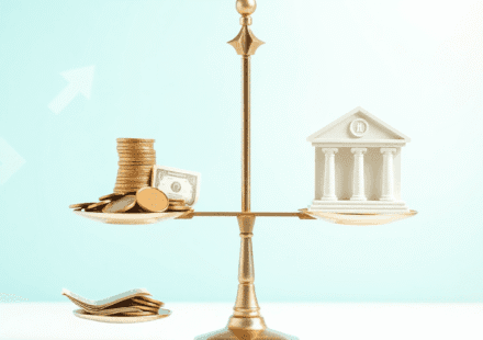 O balanță echilibrată, cu monede și bancnote pe o parte și o pictogramă a unei bănci pe cealaltă, pe un fundal luminos presărat cu simboluri financ...