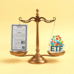 O balanță echilibrată, cu un certificat de acțiuni pe o parte și un coș cu pictograme colorate ale unor companii pe cealaltă parte, așezată pe un f...