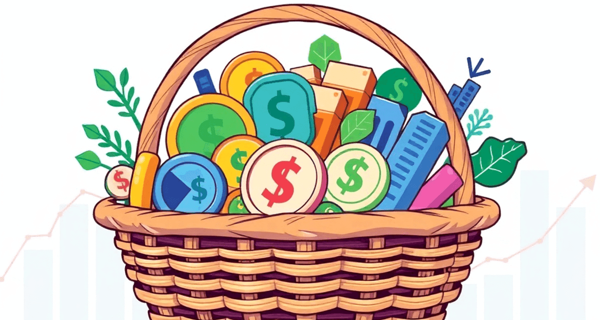 Definiția ETF explicată pe înțelesul tuturor O ilustrație realistă și luminoasă cu un coș plin de monede, lingouri de acțiuni, obligațiuni și mărfuri, pe fundalul unor grafice abstracte care i...