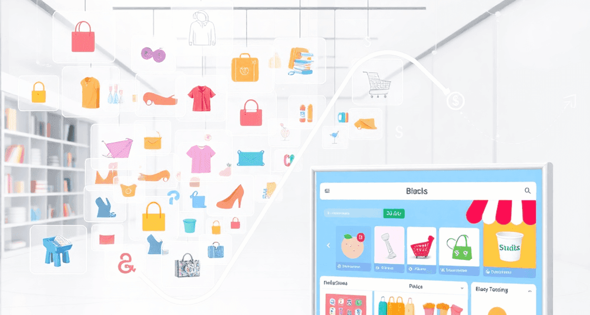 O piață digitală vibrantă, cu ecrane de produse translucide care plutesc și un magazin online personalizat, elegant, pe fundalul unor icoane abstra...