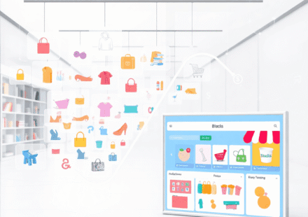 O piață digitală vibrantă, cu ecrane de produse translucide care plutesc și un magazin online personalizat, elegant, pe fundalul unor icoane abstra...