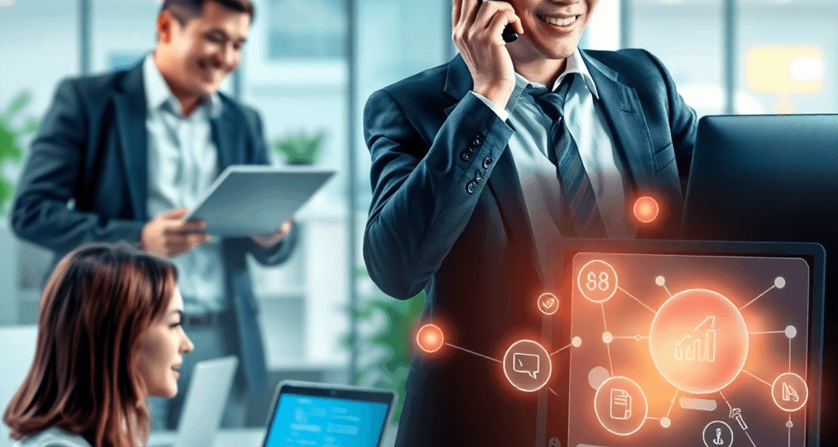 O scenă animată de birou prezintă o întâlnire față în față, un apel telefonic și icoane digitale luminoase care simbolizează vânzările online și co...