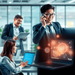 O scenă animată de birou prezintă o întâlnire față în față, un apel telefonic și icoane digitale luminoase care simbolizează vânzările online și co...