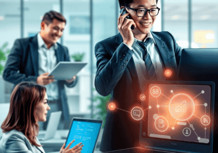 O scenă animată de birou prezintă o întâlnire față în față, un apel telefonic și icoane digitale luminoase care simbolizează vânzările online și co...