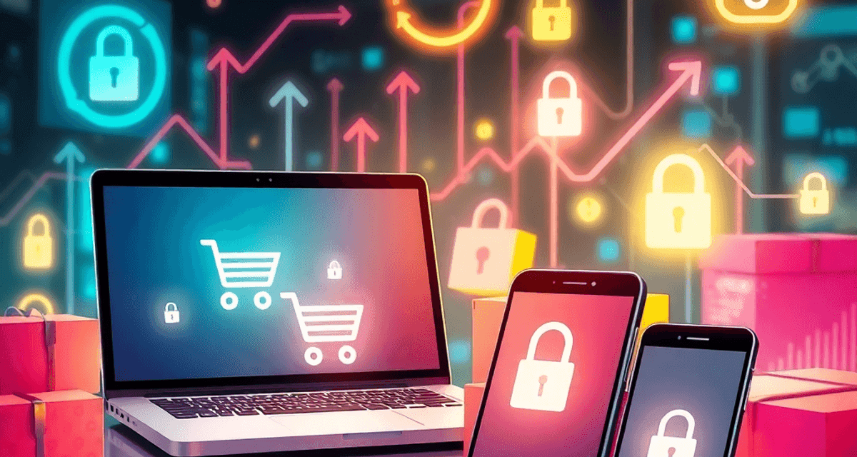 Ce este e-commerce-ul și cum funcționează comerțul electronic O scenă animată de piață digitală, cu un laptop și un smartphone pe care apar coșuri de cumpărături, pachete, lacăte luminoase și pictograme cu scu...