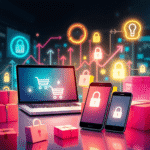 O scenă animată de piață digitală, cu un laptop și un smartphone pe care apar coșuri de cumpărături, pachete, lacăte luminoase și pictograme cu scu...
