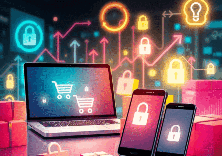 O scenă animată de piață digitală, cu un laptop și un smartphone pe care apar coșuri de cumpărături, pachete, lacăte luminoase și pictograme cu scu...