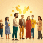 O scenă caldă, în care un adult grijuliu oferă ajutor, înconjurat de monede aurii stilizate și mâini sprijinitoare care formează un cerc protector ...