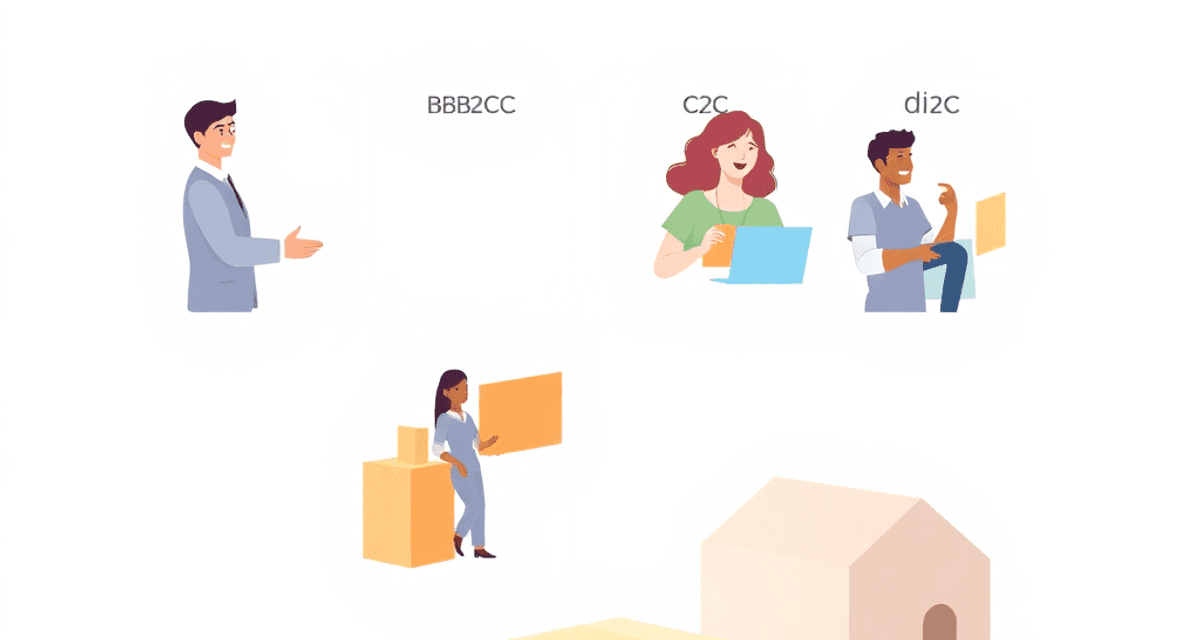 O scenă modernă de piață digitală, cu icoane pentru o strângere de mână B2B, cumpărături online B2C, schimburi C2C și o cutie de livrare D2C, toate...