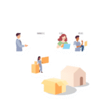 O scenă modernă de piață digitală, cu icoane pentru o strângere de mână B2B, cumpărături online B2C, schimburi C2C și o cutie de livrare D2C, toate...